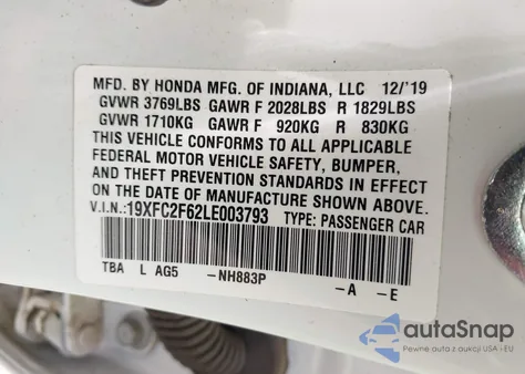 2020 Honda Civic Lx from USA, damaged, VIN 19XFC2F62LE003793